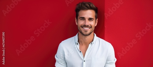 In a fashion presentation a young adult man with a welcoming smile stands against a red wall as his happy demeanor and confident portrait reflect his background as a model with a perfect bod photo