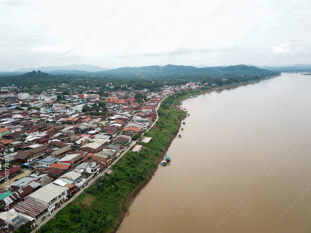 Aerial view of classic wooden house beside the Mekong river in Chiang Khan district, Loei.
