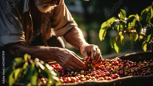 Close-up of a farmer who picks an Arabica coffee branch on a coffee plant in northern Thailand, coffee beans, a special word stem photo