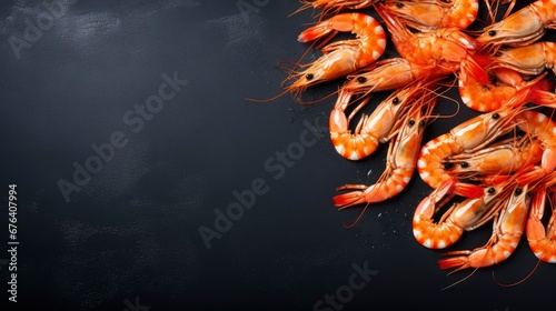 Fresh shrimps on black background. Healthy food. Free space for your text