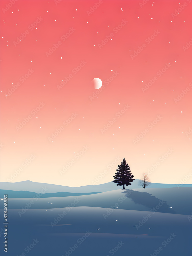 Minimalist winter scene with a snowy landscape and a tree during sunset. 