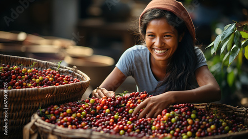 Happy woman Asean hill after harvest arabica coffee berries in basket wood at garden photo