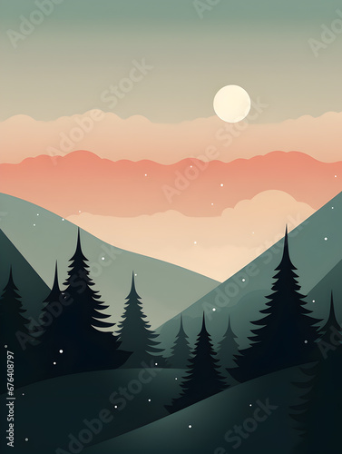 A minimalist illustration of a sunset where trees stand against a captivating gradient sky as stars begin to shine at dusk. Mountain silhouette.
