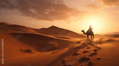  a man riding a camel across a desert under a cloudy sky with the sun setting in the sky above the sand dunes and a person riding a camel in the foreground.  generative ai