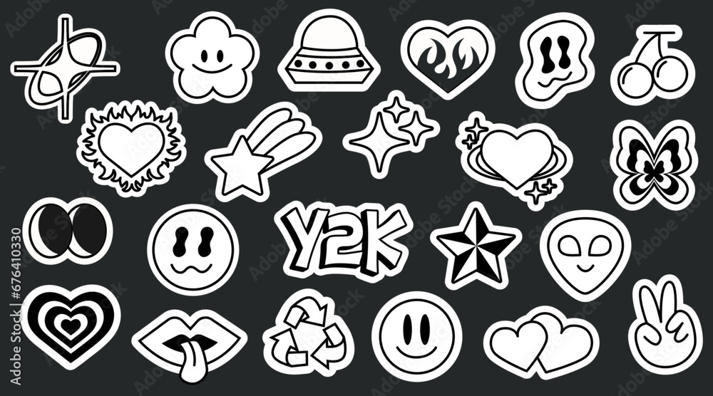 Set of trendy black and white retro Y2k stickers. Cool funky cartoon stickers pack. Geometric shapes and elements. Vector illustration of 70s groovy elements. Set of trendy black and white retro Y2k stickers. Cool funky cartoon stickers pack. Geometric shapes and elements. Vector illustration of 70s groovy elements.