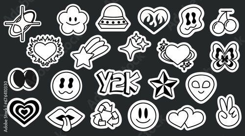 Set of trendy black and white retro Y2k stickers. Cool funky cartoon stickers pack. Geometric shapes and elements. Vector illustration of 70s groovy elements.
