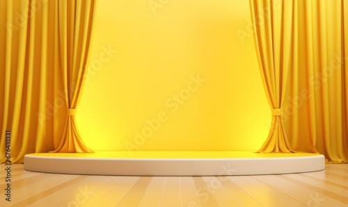 Yellow background with curtains and empty podium platform in the center for product display or showcase