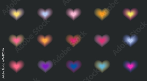Blurry hearts aesthetic elements. Y2k style blurred gradient shapes. Colorful soft gradients. Modern minimalist design element with blur gradients vector template set.