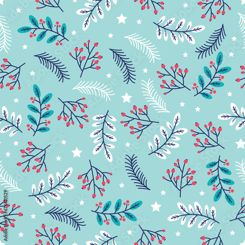 Christmas seamless pattern with holly leaves and berries. Winter background for greeting cards, wrapping paper. Vector illustration