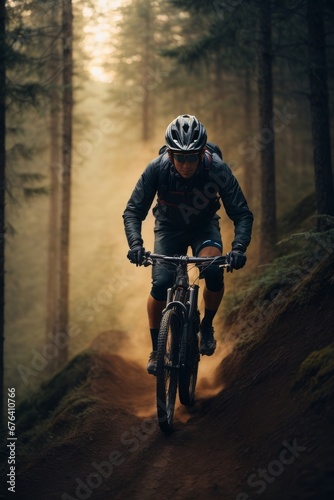Sports, active healthy lifestyle, travel concepts. A male cyclist wearing a helmet rides a bicycle in a forest with tall pines in the rays of the sun