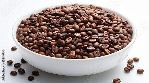 Flat lay of Roasted Coffee beans and ground coffee in white bowl isolated on white background