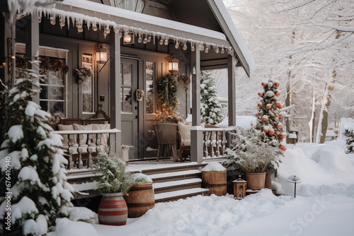 snowy front porch decorated to Christmas holidays. winter getaway cottage. travel destination photo