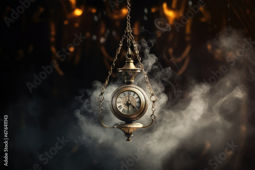 Esoteric and hypnosis concept, pendulum swinging into magic smoke photo
