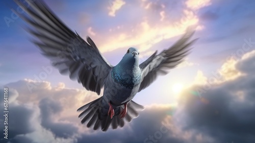 A cute pigeon fly in the sky.Generative AI