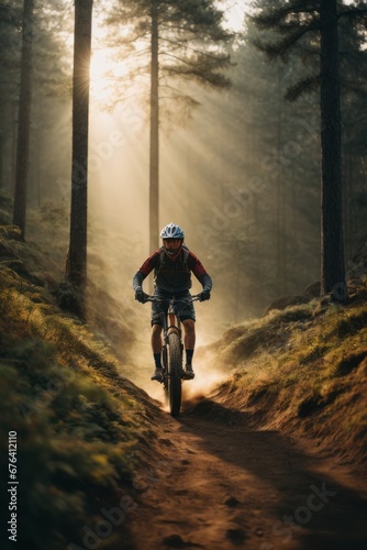 A male cyclist wearing a helmet rides a bicycle in a forest with tall pines in the rays of the sun. Sports, active healthy lifestyle, travel concepts