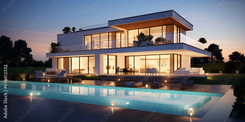 Modern house with terrace and a swimming pool. 3D rendering ,Terrace home construction lifestyle residential housing exterior beautiful luxury building villa garde with generative ai