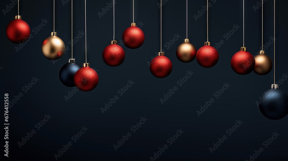 Christmas balls hanging in line on blue background. Winter holiday card with baubles. Christmas balls hanging in line on blue background. Winter holiday card with baubles.