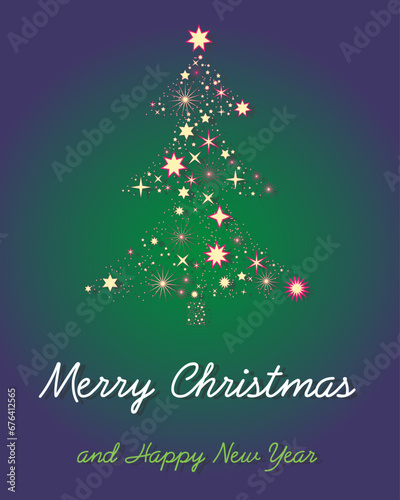 Greeting card, Merry Christmas and Happy New Year, Christmas tree made of stars, beautiful, delicate background, minimalism.