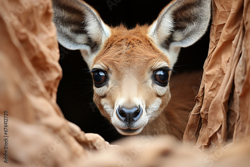 A young kangaroo Joey peeks out from its mother photo