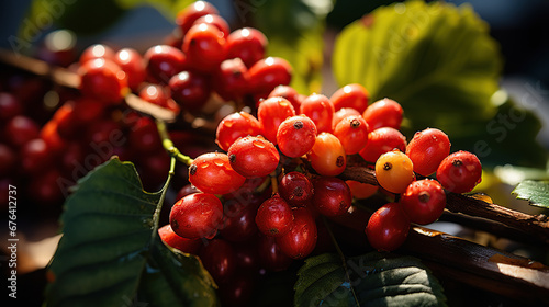 Coffee beans ripening, fresh coffee,red berry branch, industry agriculture on tree in North of Asia