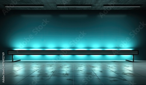  blank space with white lights with blank wall, in the style of light cyan and gray, digital minimalism, glazed surfaces, rim light, minimalist stage designs