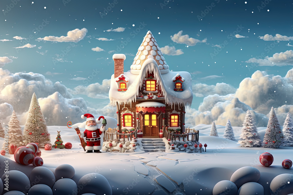 Christmas house in the forest with candies and winter holiday ornaments. Santa gingerbread house on the snow. - obrazy, fototapety, plakaty 