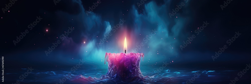 Purple candle burning on dark blue background with soft blurry lights and glittering . Esoteric spiritual practice, magical atmosphere. Advent candle with Season of Hope, All Souls Day - obrazy, fototapety, plakaty 