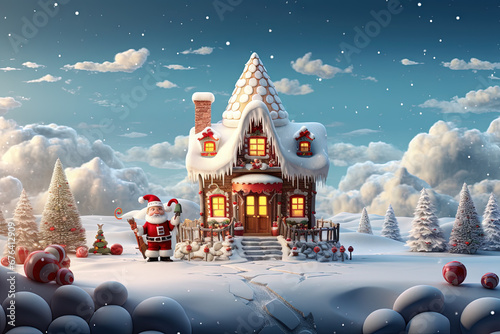 Christmas house in the forest with candies and winter holiday ornaments. Santa gingerbread house on the snow.