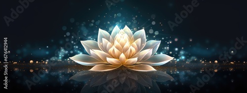 Beautiful white water lily or lotus. Radiant flower with rays of light. Enlightenment and universe. Magic spa and relaxation banner with copy space. Concept of religion, kundalini and meditation