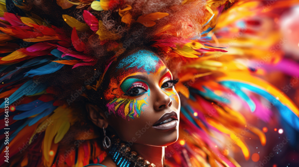 close up portrait of beautiful Brazilian woman wearing costume celebrating carnival