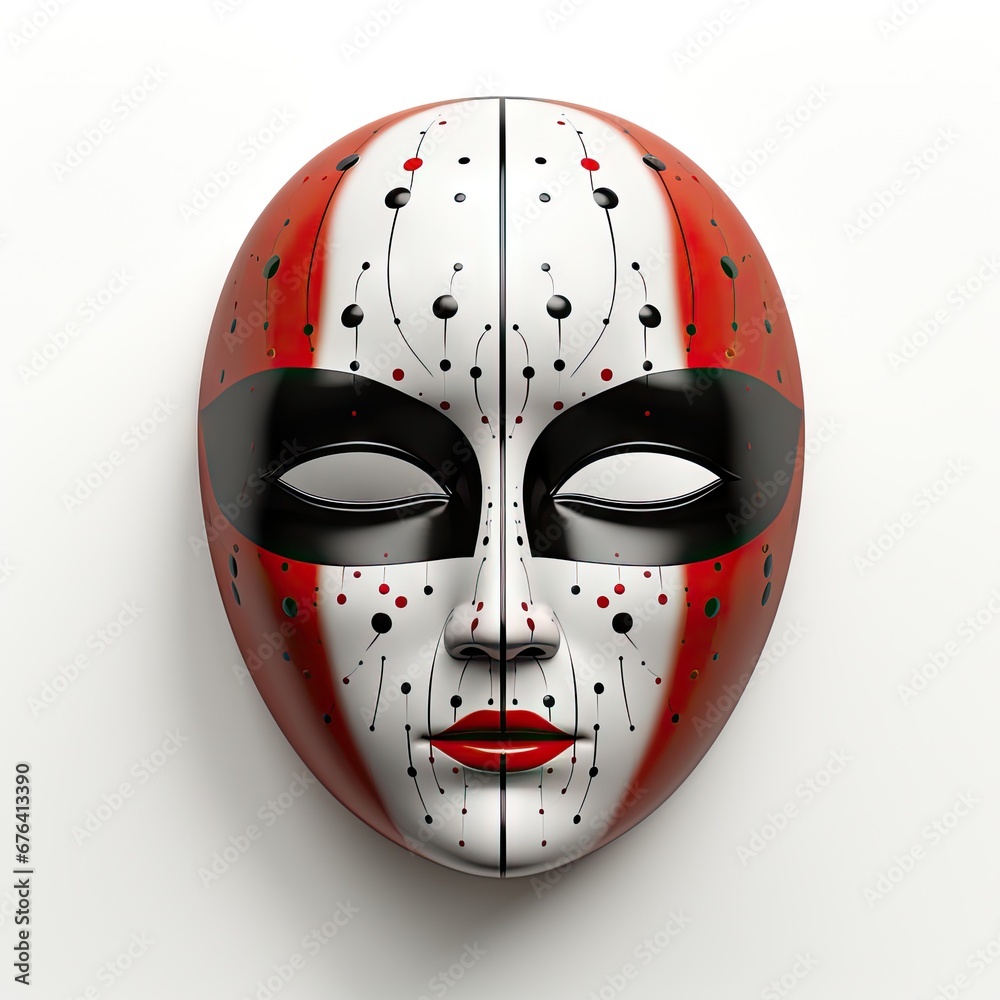 a red and white mask with black dots and a red and white mask with