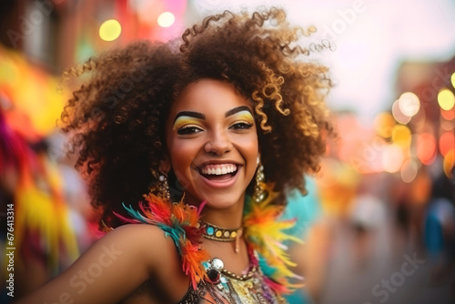afro smiling woman dancing on the streets during carnival photo