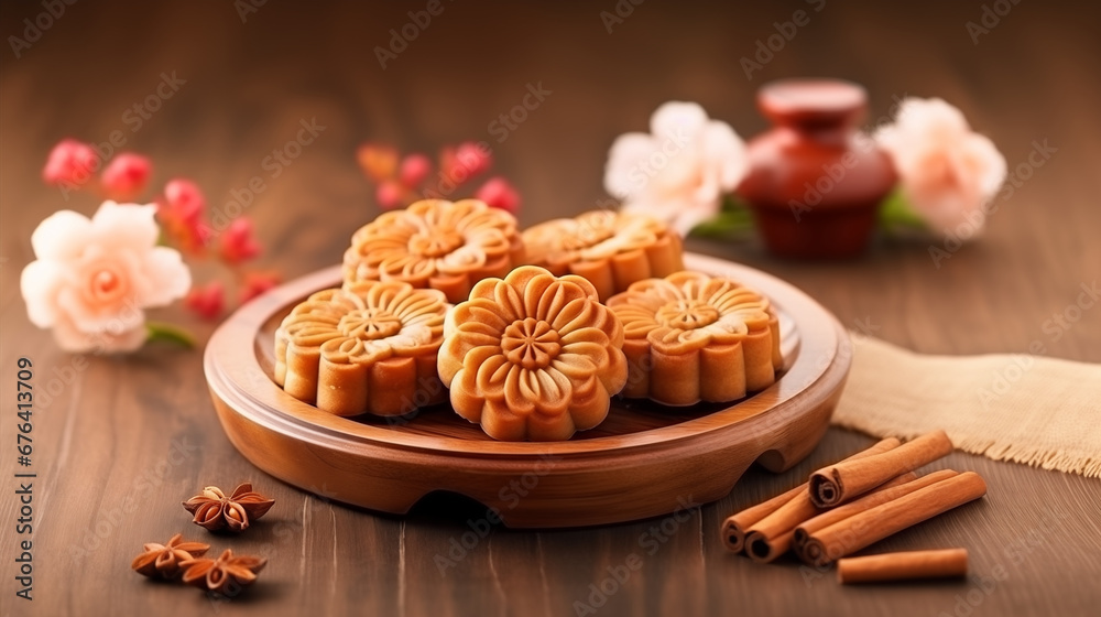 Beautiful Moon cakes on a wooden tray with tea and flower on black slate background. Chinese traditional Mid-Autumn Festival concept.