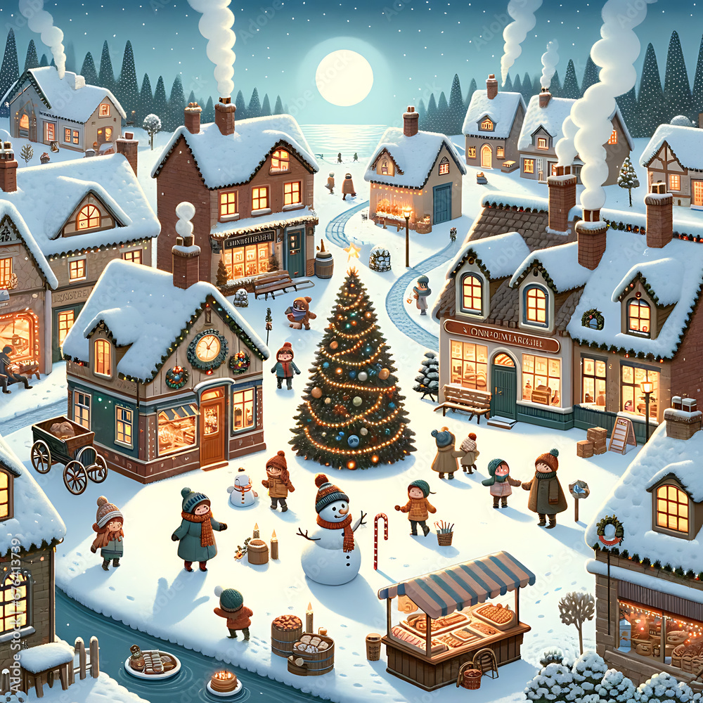 A whimsical illustration of a cozy village during the winter season.