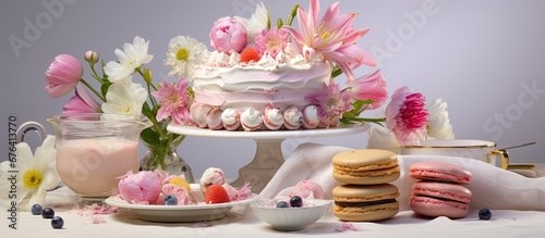 On a white background a table adorned with flowers showcases the concept of a white and pink themed lifestyle A delectable cake vibrant candies and a colorful plate of sandwiches add pops o