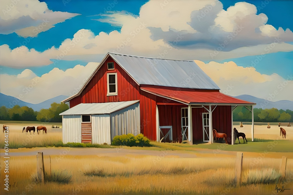 Obraz premium Red barn in the mountains
