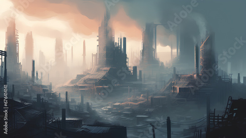 Industrial cityscape with smoking chimneys highlights severe atmospheric pollution, calling for urgent environmental action.