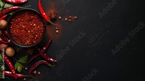 Red hot chili pepper. Chili on dark background. Traditional sambal , food from Indonesia. Copy space photo