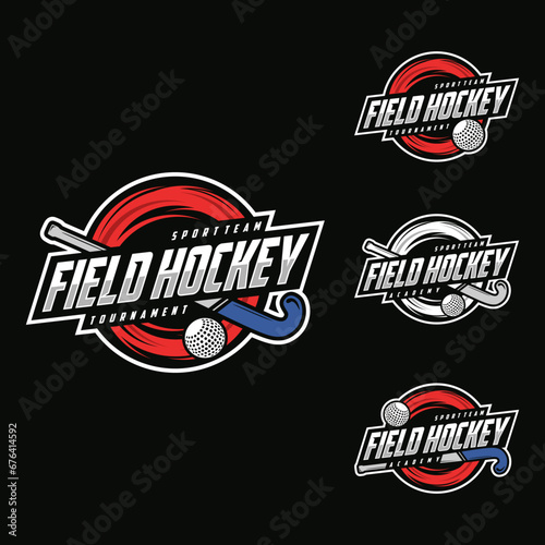 Field hockey logo and badge. emblem set vector illustration, Field hockey and ball