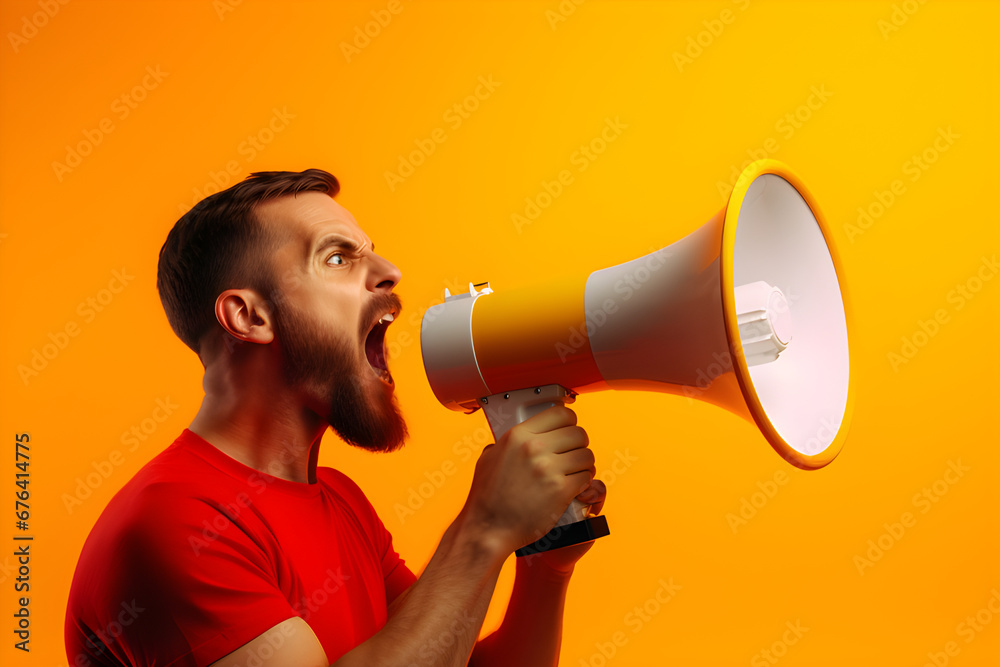 A man in a red shirt is shouting into a megaphone against an orange background. He has a beard and looks very loud - obrazy, fototapety, plakaty 