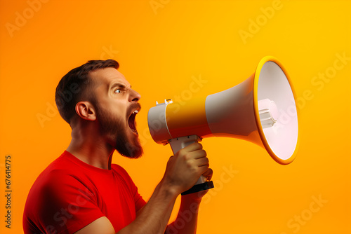 A man in a red shirt is shouting into a megaphone against an orange background. He has a beard and looks very loud photo