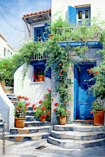 old house in mediterranean style with blue door and shutters © Olga