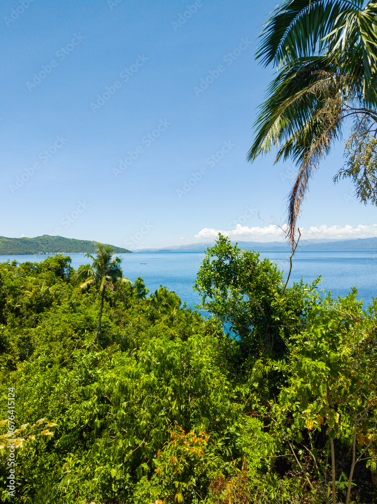 Sea view through green plants in Bangkay Island. Surigao del Norte, Philippines.