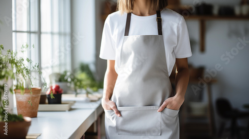 A woman in a kitchen apron. Chef work in the cuisine. Cook in uniform, protection apparel. Job in food service. Professional culinary. Green fabric apron, casual clothing. Baker. Generated AI