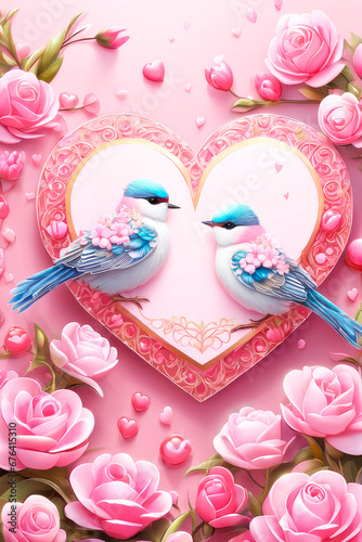 Happy valentine s greeting card  concept of love confession. A  couple of  very cute birds deep against a heart  cartoon character. Expression of tender feelings.