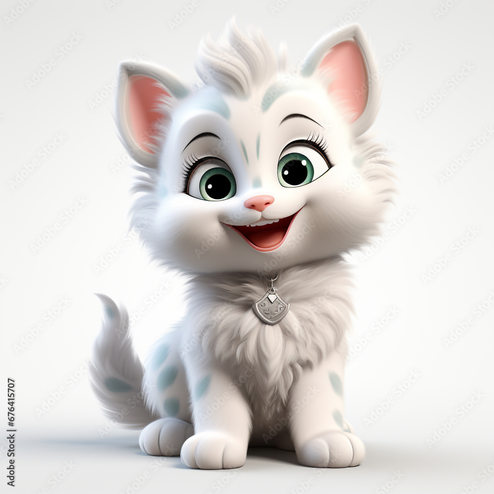 3D cartoon style image of a cute kitten. Looks happy and enthusiastic.
