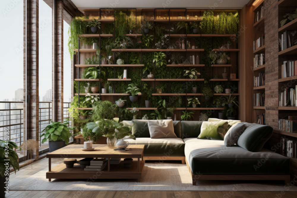 Stylish living room interior with comfortable sofa, coffee table. Vertical garden - wall design of green plants. Architecture, decor, eco concept