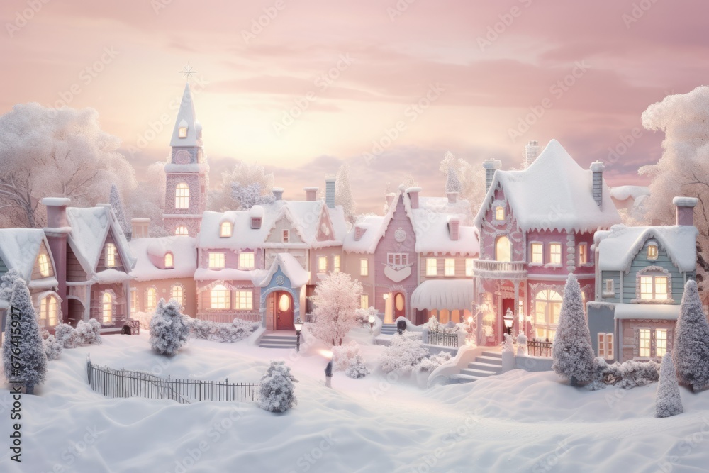 Pastel colors Christmas background. Snow-covered woodland scene, soft pastel hues of lavender and rose-pink.
