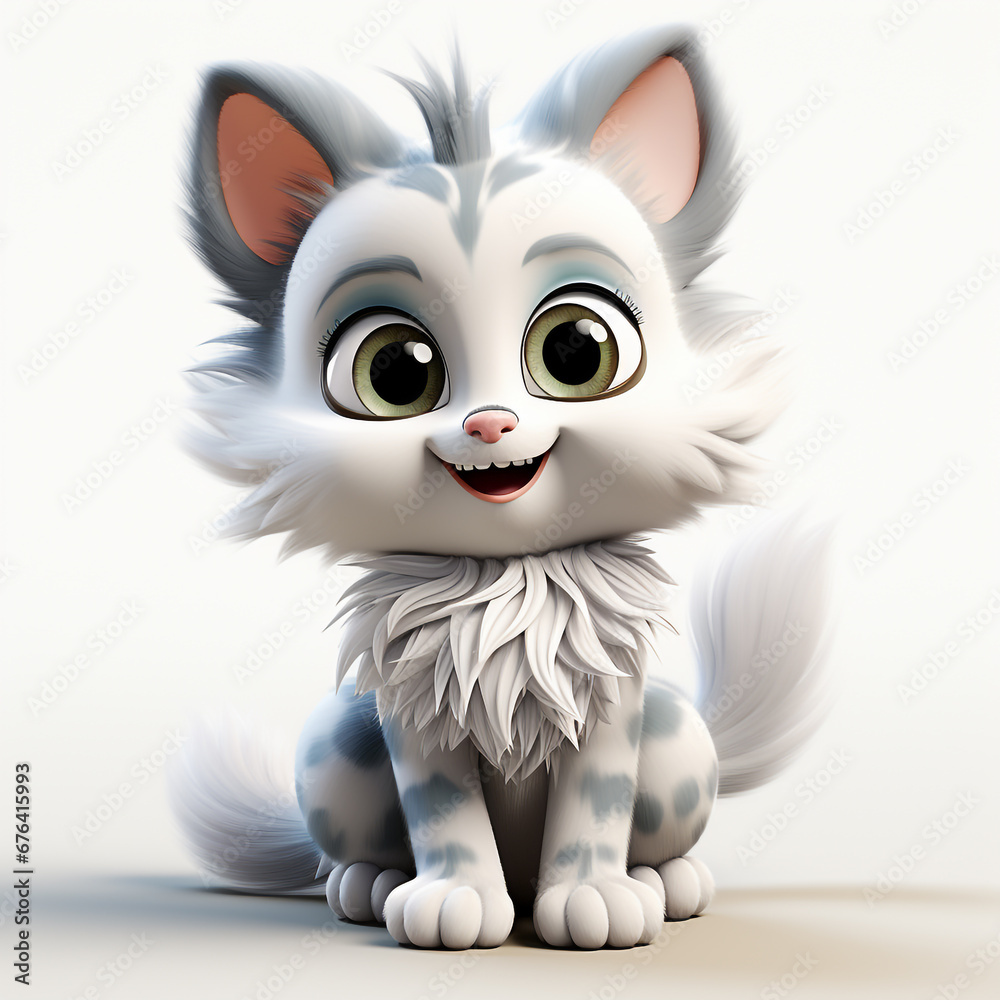 3D cartoon style image of a cute kitten. Looks happy and enthusiastic.