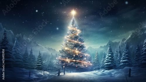 Christmas tree in the snow-covered forest adorned twinkling lights and colorful ornaments. Winter landscape. © Sergio Lucci